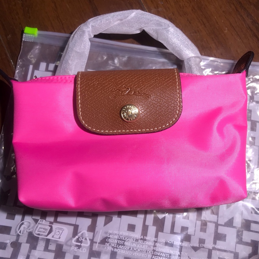Longchamp Pink Nylon Mini Bag with Brown Leather Flap